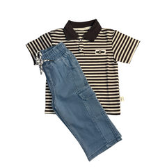 Boys Striped Polo Shirt with Light Blue Denim Jogger Set