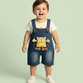 Baby Boys Denim Dungaree Shorts Set with Cartoon Patch & T-Shirt