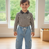 Boys Striped Polo Shirt with Light Blue Denim Jogger Set