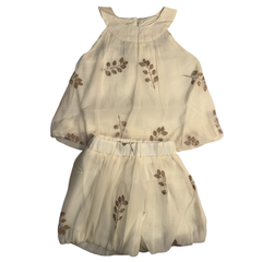Baby Girl Beige Leaf Embroidered Dress
