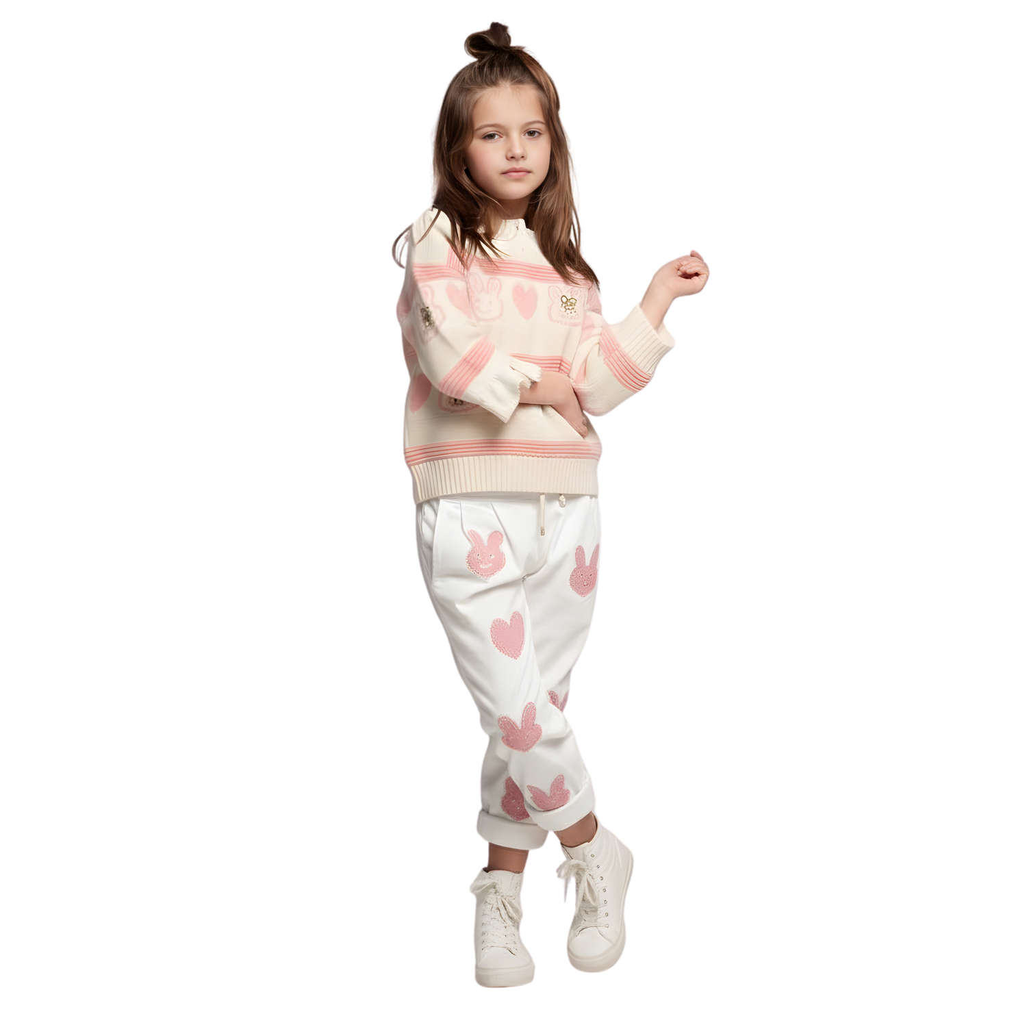 Imported Cute Pink Bunny & Heart Knit Sweater for Girls