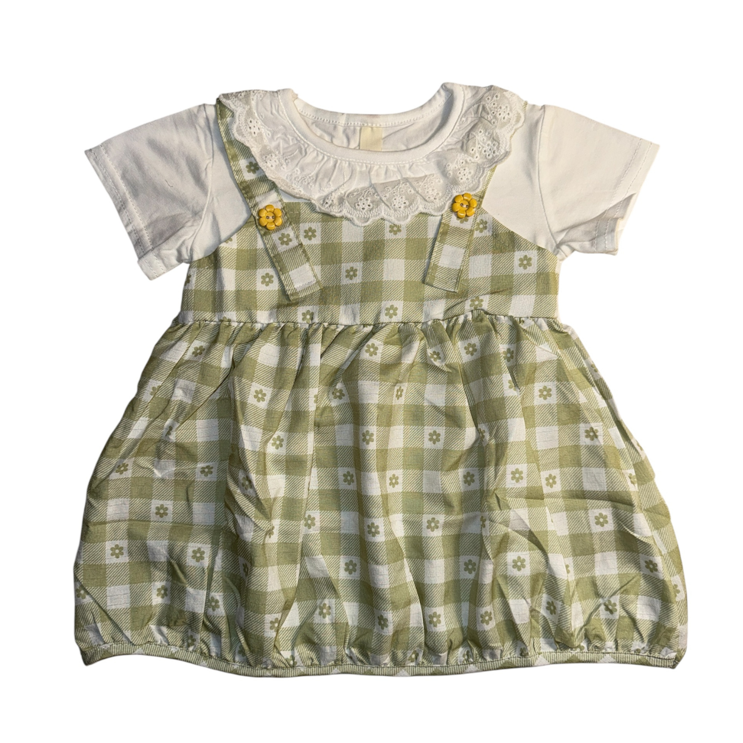 Baby Girls Green Checkered Dress with Lace Collar