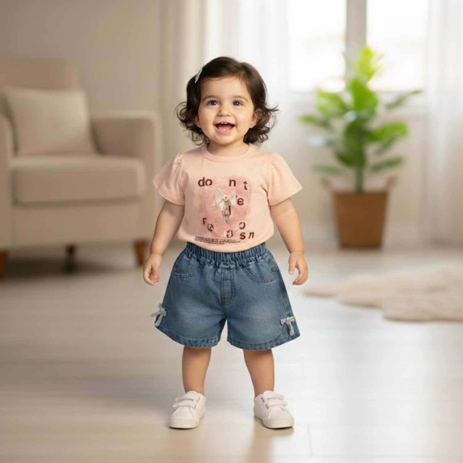 Baby Girl Peach Top & Denim Shorts Set