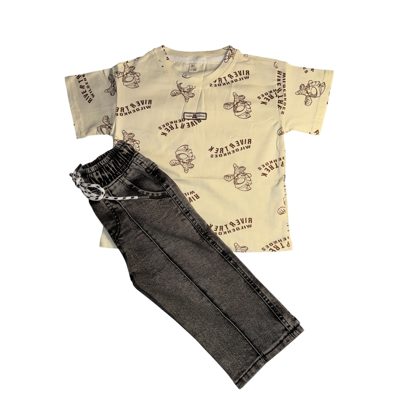 Boys Printed T-Shirt with Black Denim Jogger Pants Set