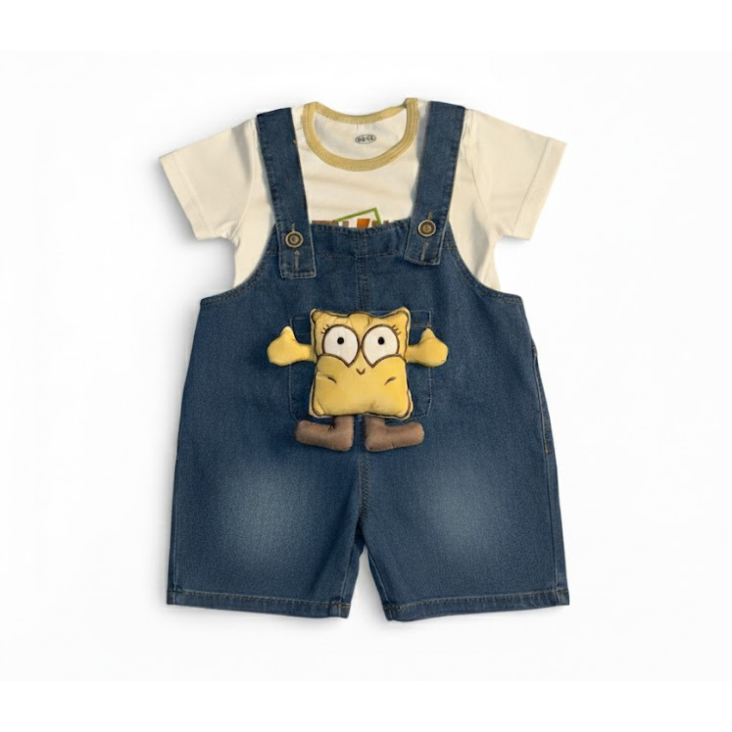 Baby Boys Denim Dungaree Shorts Set with Cartoon Patch & T-Shirt
