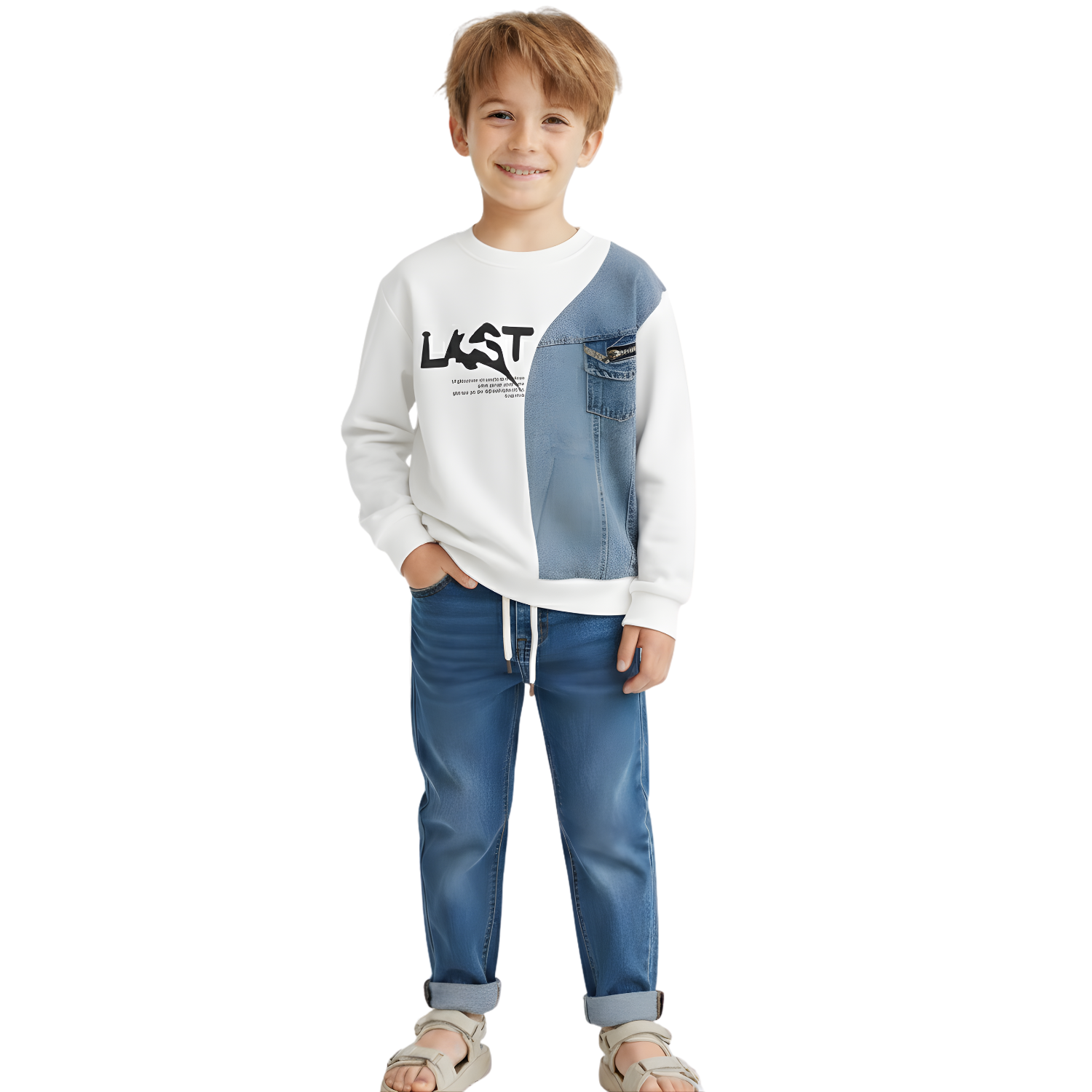 Imported Boys White Denim Patch Sweatshirt and Jeans Set