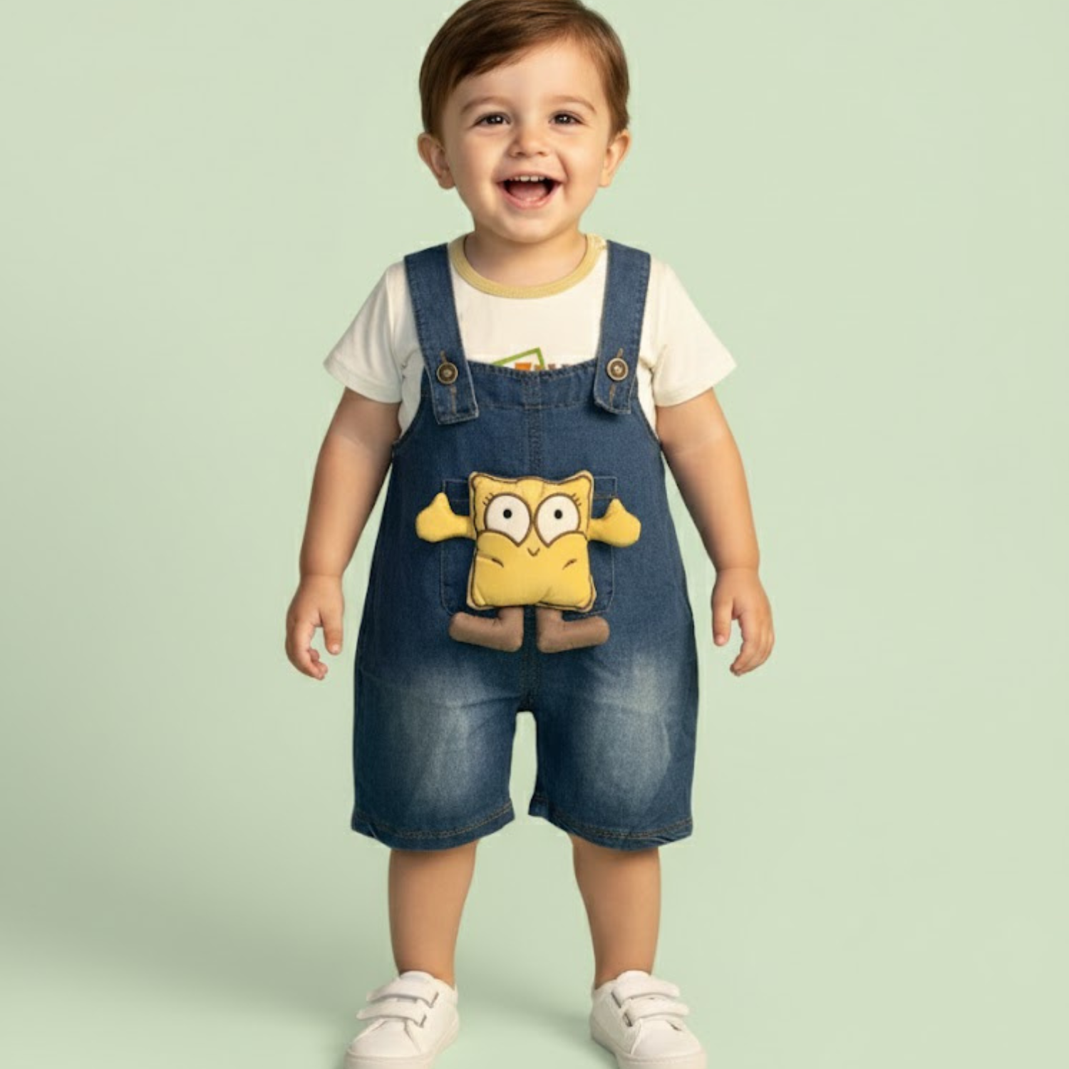 Baby Boys Denim Dungaree Shorts Set with Cartoon Patch & T-Shirt
