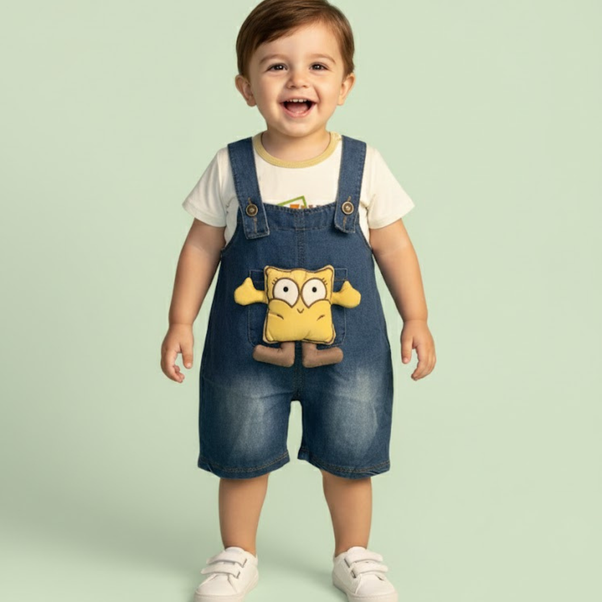 Baby Boys Denim Dungaree Shorts Set with Cartoon Patch & T-Shirt