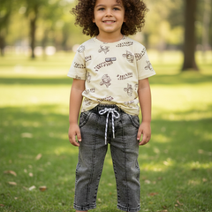 Boys Printed T-Shirt with Black Denim Jogger Pants Set