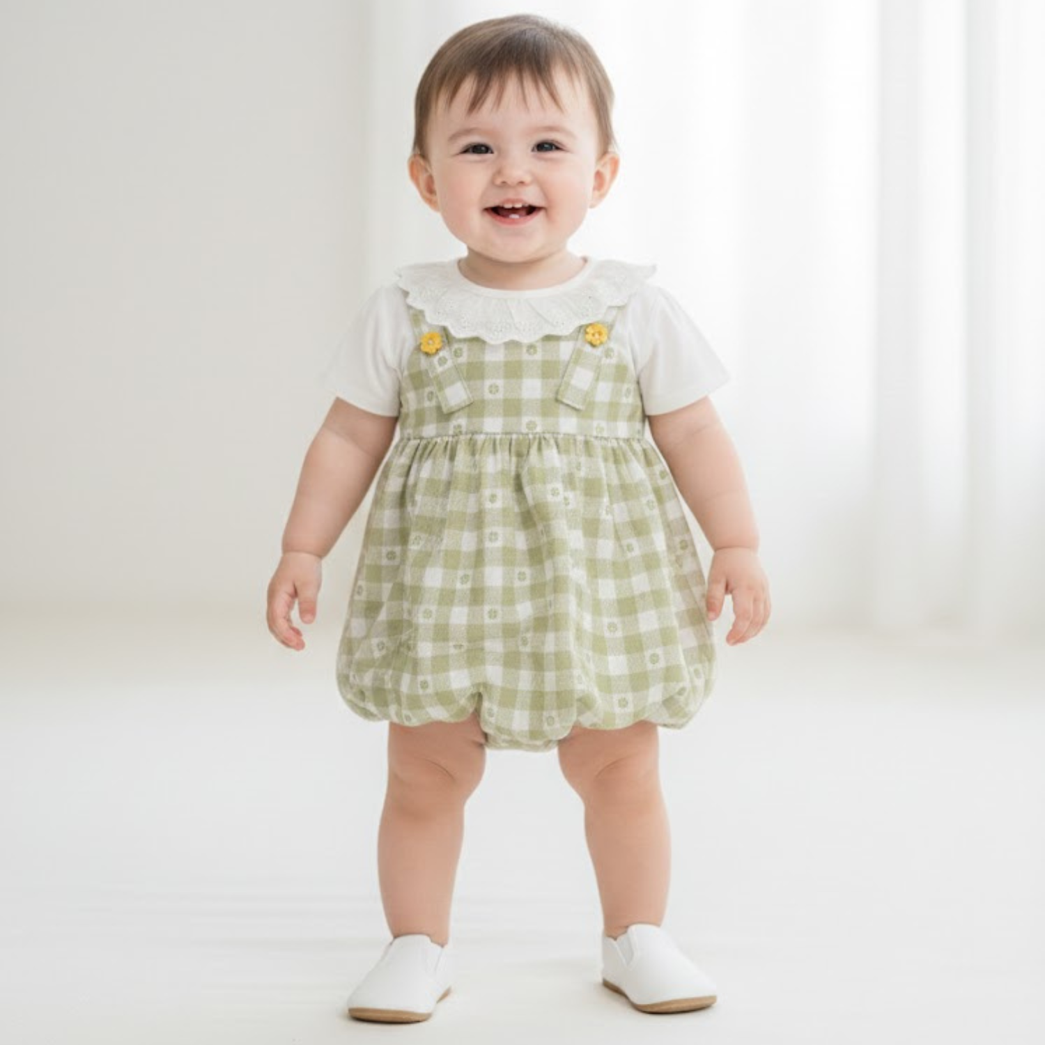 Baby Girls Green Checkered Dress with Lace Collar