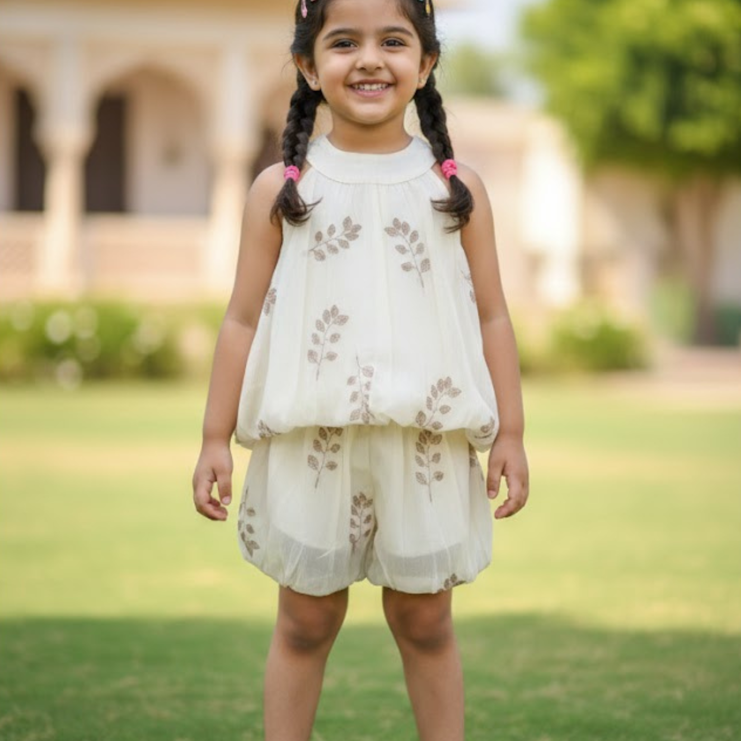 Baby Girl Beige Leaf Embroidered Dress