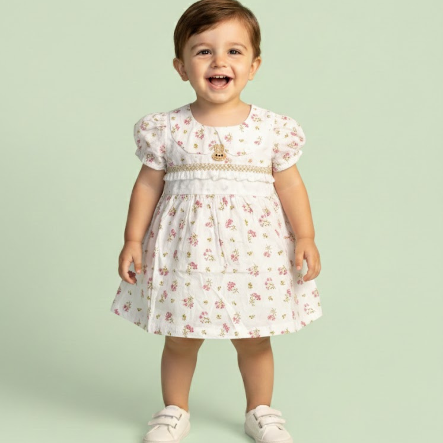 Baby Girl White Floral Bunny Embroidered Dress