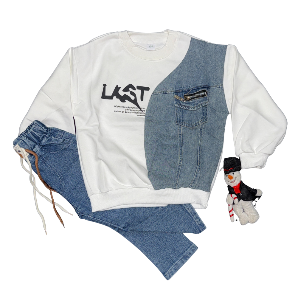 Imported Boys White Denim Patch Sweatshirt and Jeans Set
